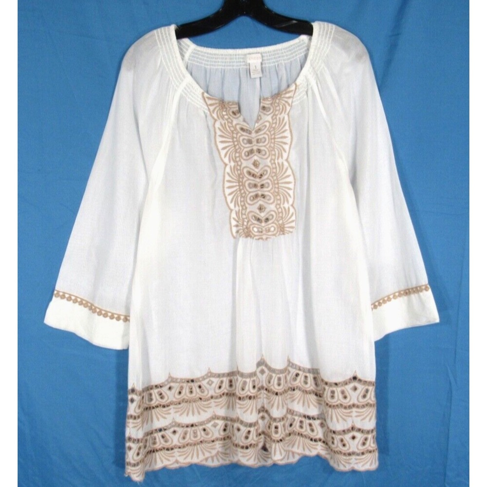 CHICO'S White w/Beige THIN TWILL Embrodiered EYELET LACE 3/4 Slv TUNIC TOP 1/M